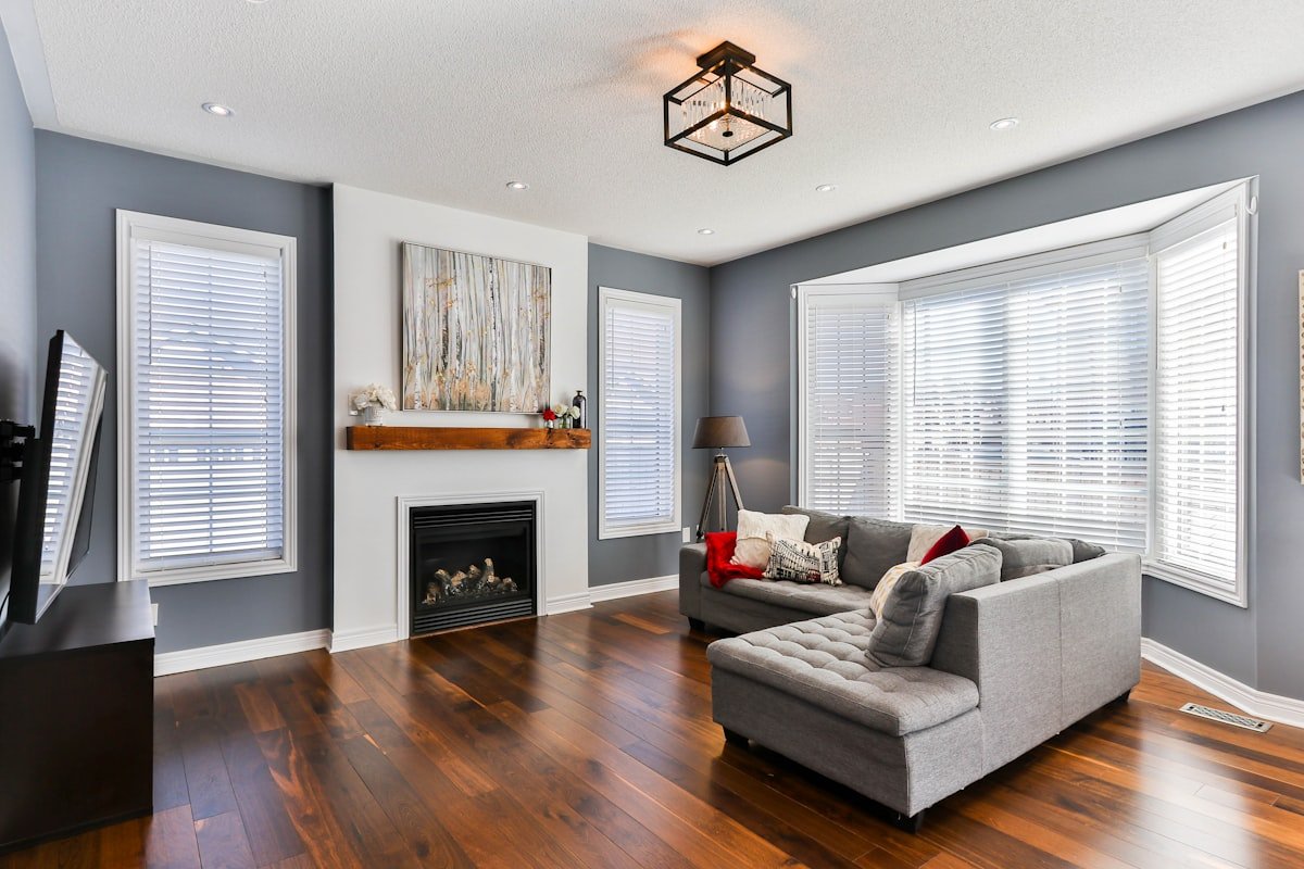 Living room with parquet floor and fresh white paint